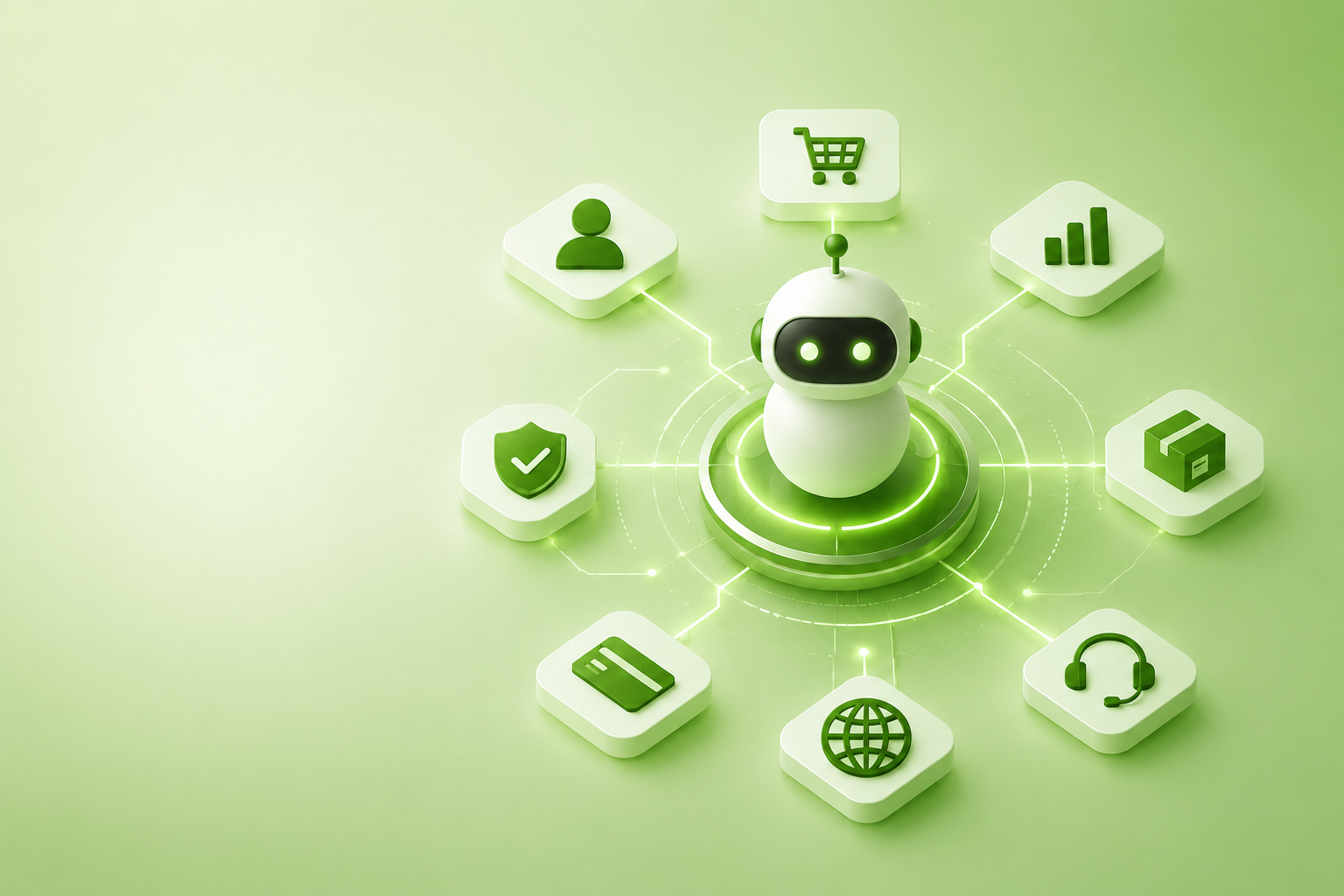 Conceptual illustration of an autonomous agent at the centre of a network of commerce, identity, security, data, and operational functions.
